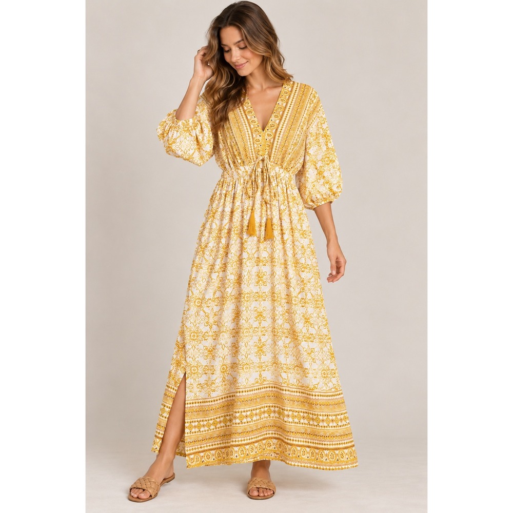 Taylor Maxi Dress Women Size 16 Yellow White Geometric Puff Sleeve Tassel V-Neck